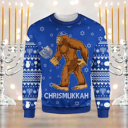 Detailed front view of the blue chrismukkah ugly sweater