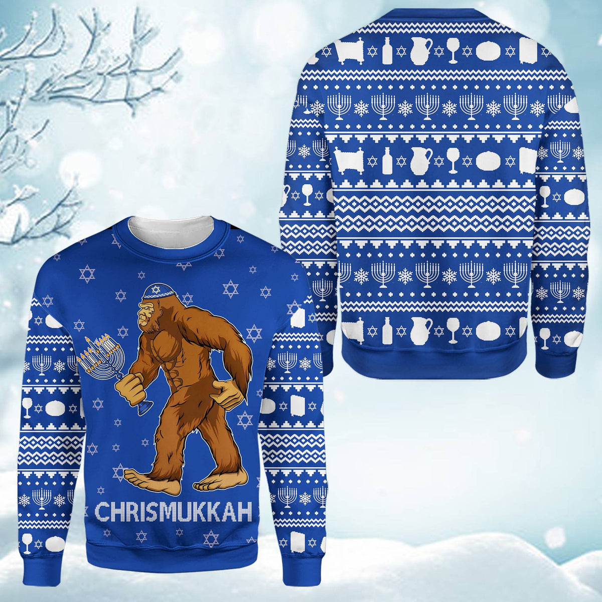 Close up front view of the Bigfoot chrismukkah sweater design