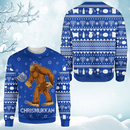 Close up front view of the Bigfoot chrismukkah sweater design