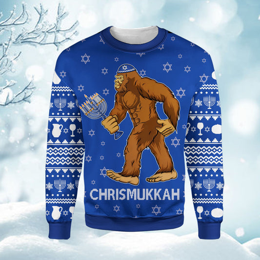 Main view of the blue chrismukkah ugly sweater featuring Bigfoot with a menorah
