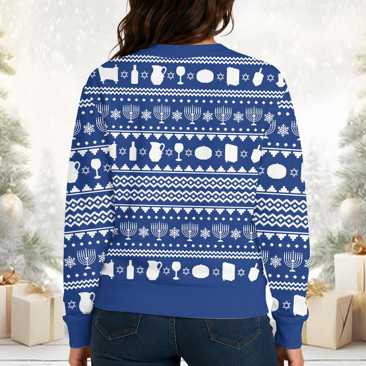 Another lifestyle view of a person wearing the Bigfoot chrismukkah ugly sweater