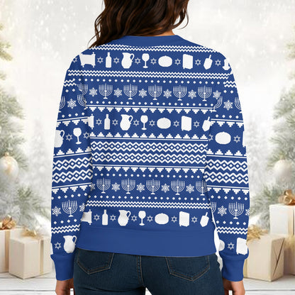 Another lifestyle view of a person wearing the Bigfoot chrismukkah ugly sweater