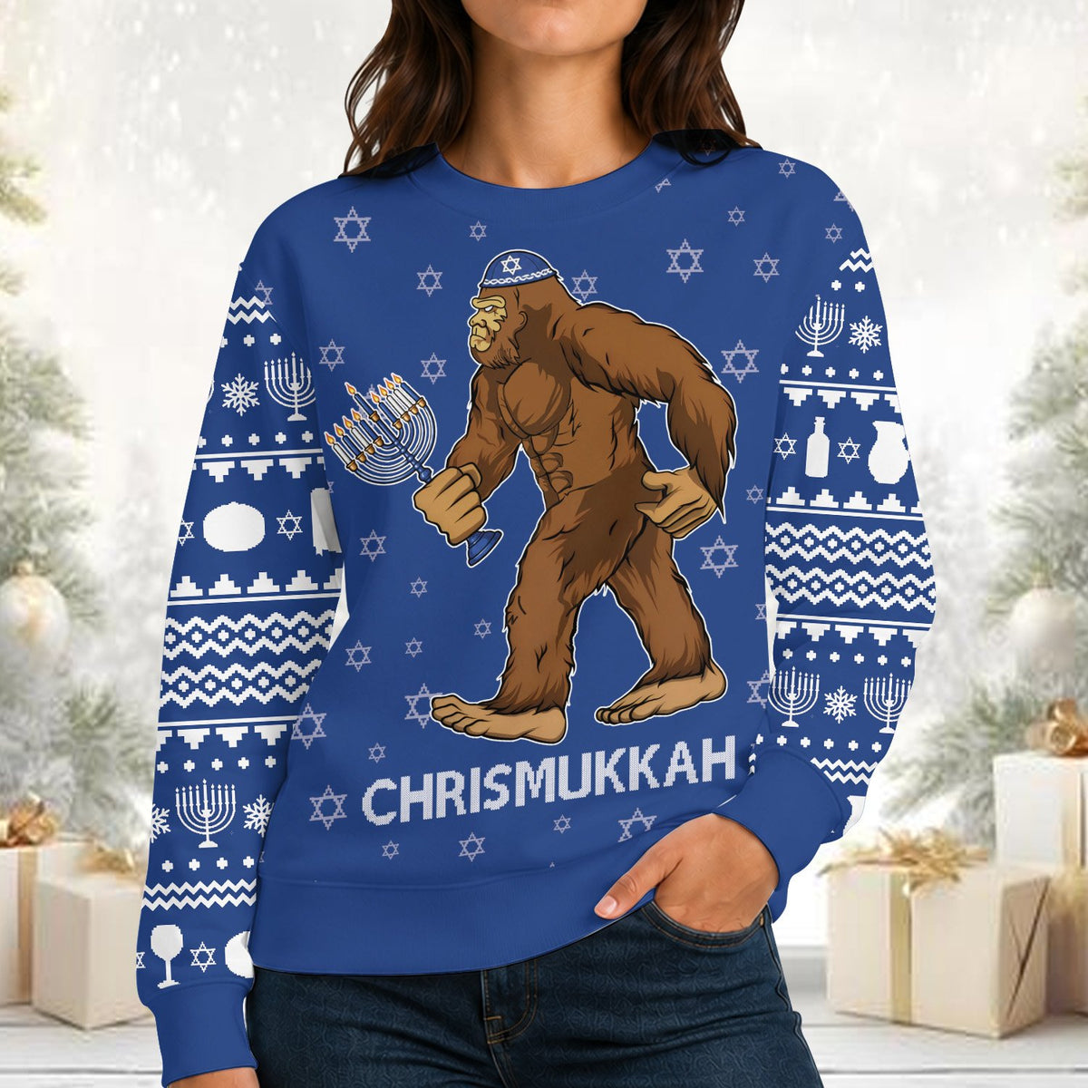 Lifestyle view of a person wearing the blue chrismukkah ugly sweater