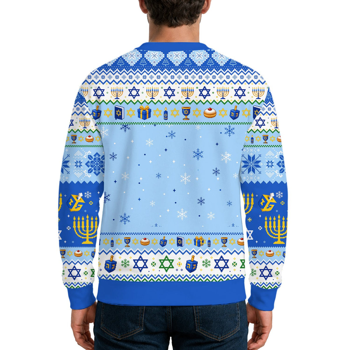 Blue chrismukkah ugly sweater, back view alternative