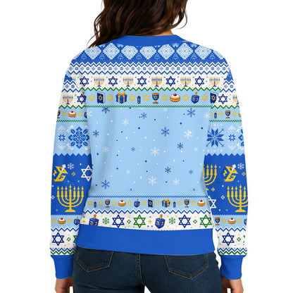 Blue chrismukkah ugly sweater, back view