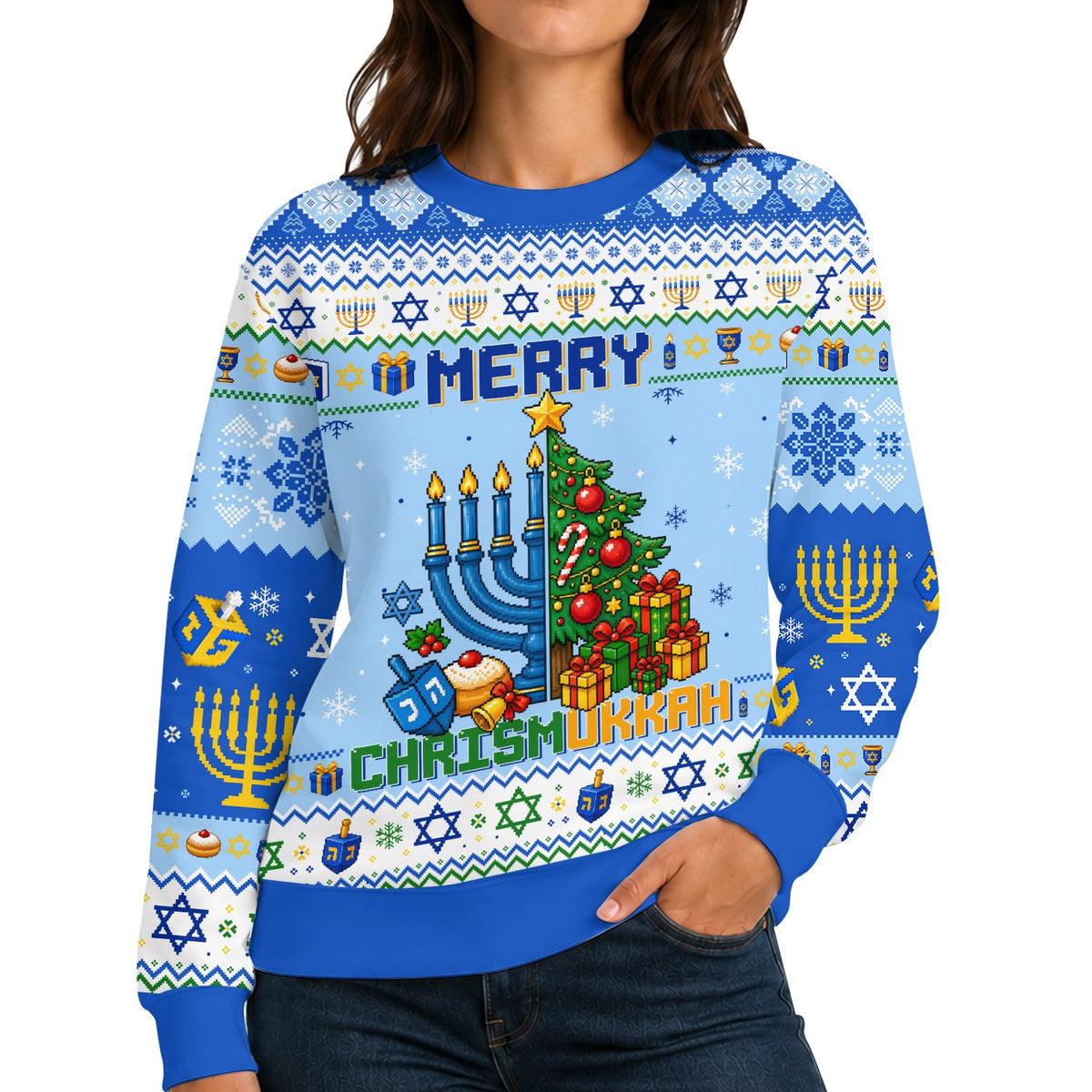Adult blue chrismukkah ugly sweater, front view alternative
