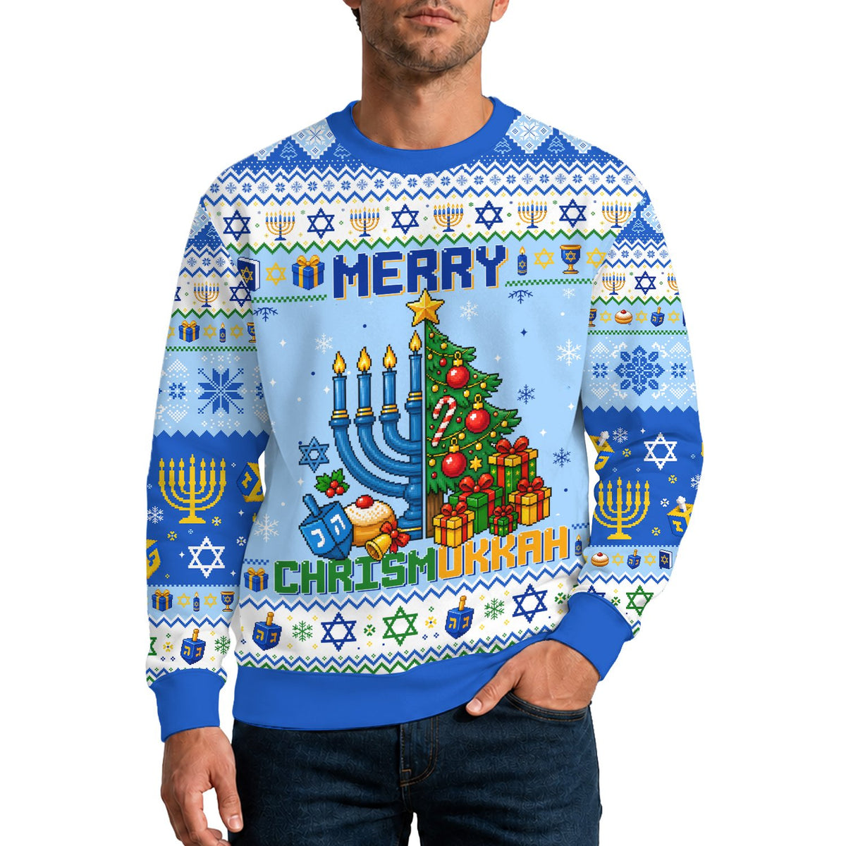 Merry Chrismukkah holiday ugly sweater, front view detail
