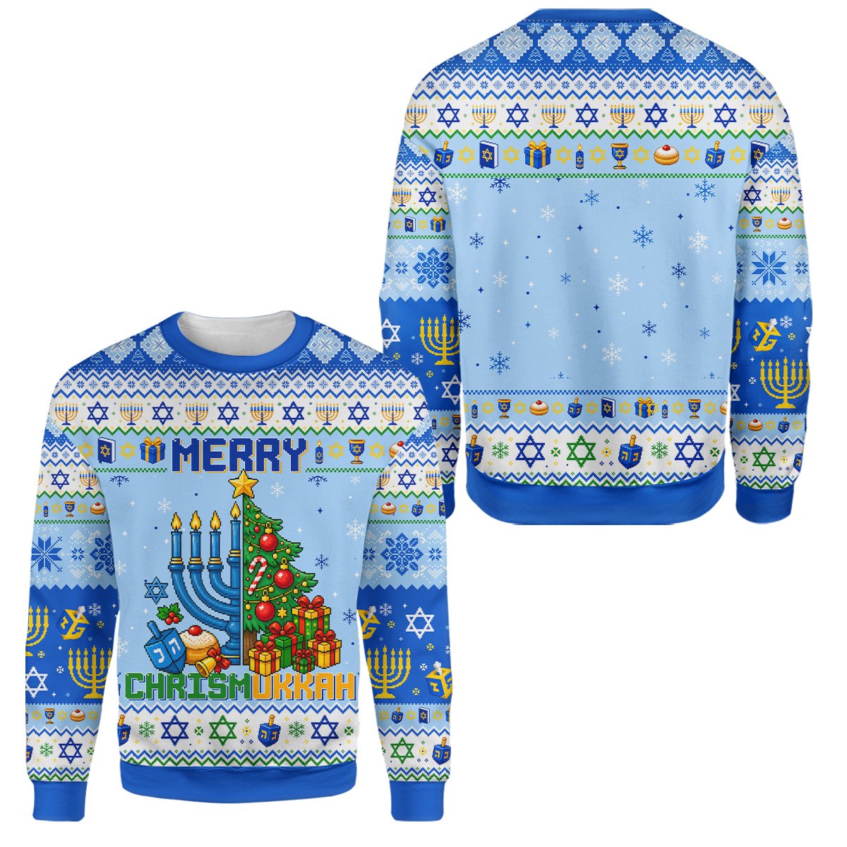 Blue chrismukkah ugly sweater, front view