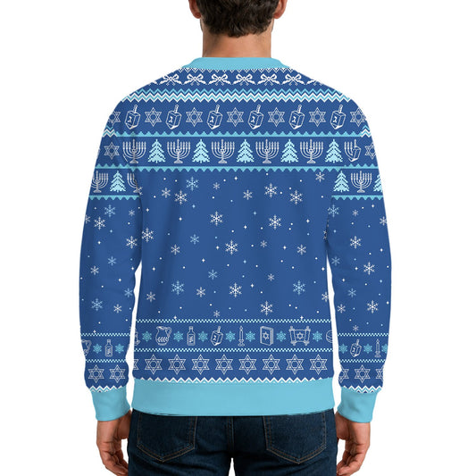 Ugly chrismukkah sweater in blue with Merry Chismukkah text and holiday symbols, main view