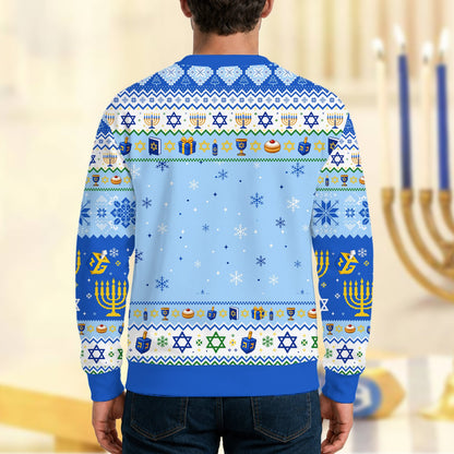 Adult wearing the chrismukkah sweater, lifestyle view