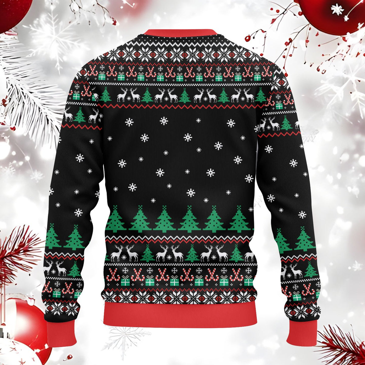 Close up of the back pattern on the adult ugly sweater featuring trees and candy canes