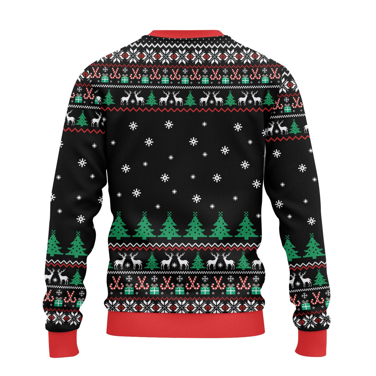 Back view of the black ugly christmas sweater showing the festive holiday pattern