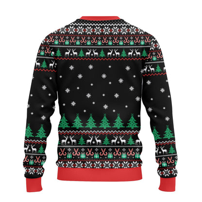 Back view of the black ugly christmas sweater showing the festive holiday pattern