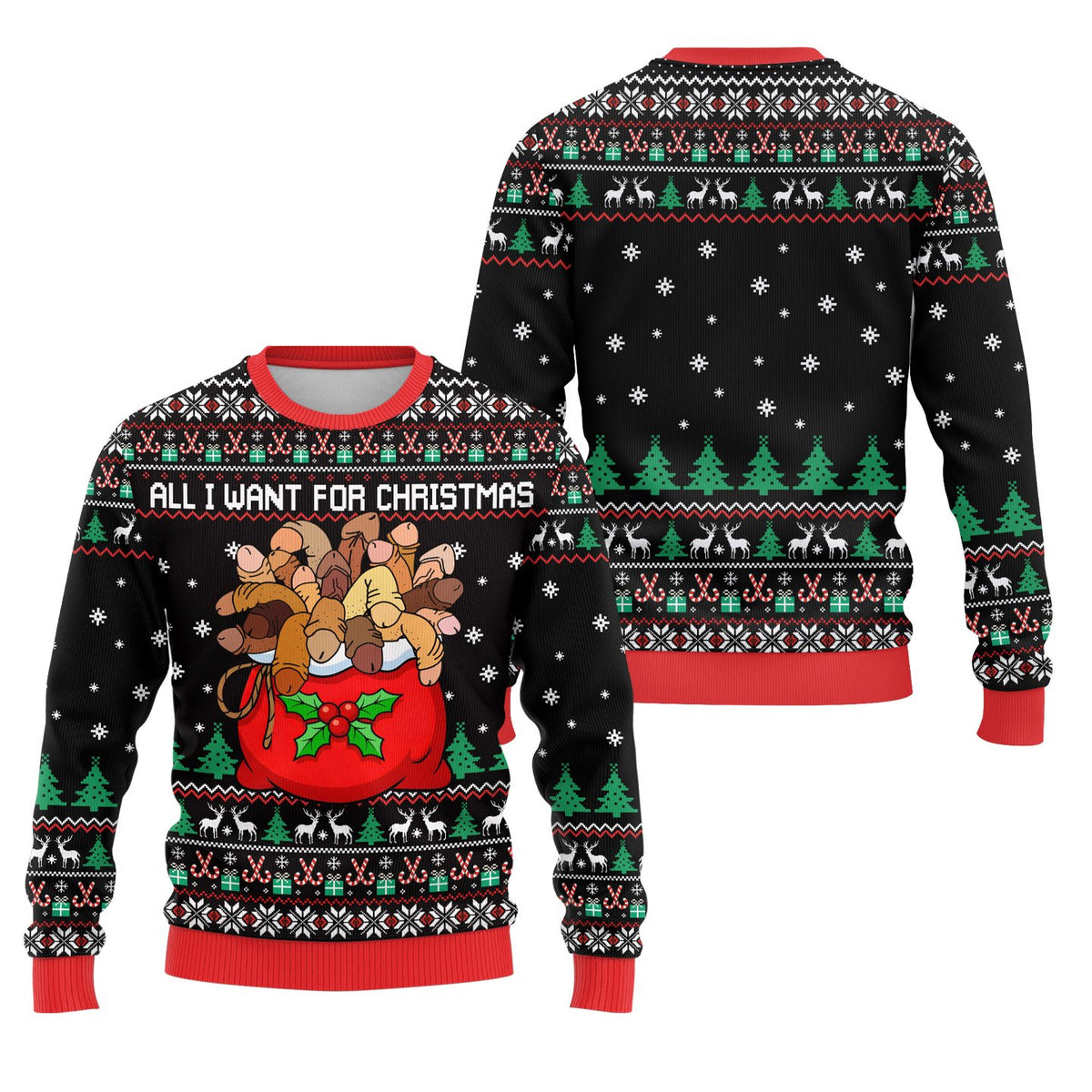 Close up of the front design on the black ugly christmas sweater featuring snowflakes and reindeer
