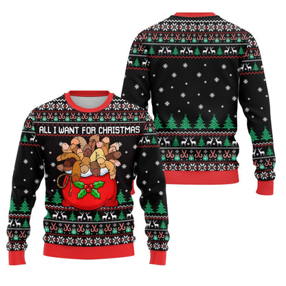 Close up of the front design on the black ugly christmas sweater featuring snowflakes and reindeer
