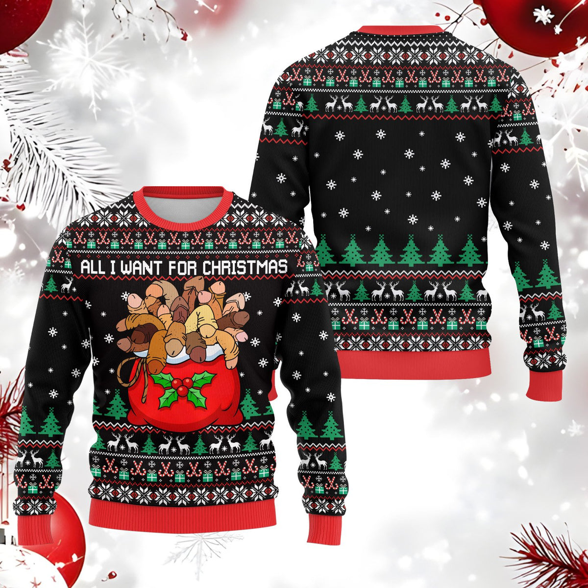 Detailed view of the humorous graphic and text on the funny adult ugly sweater
