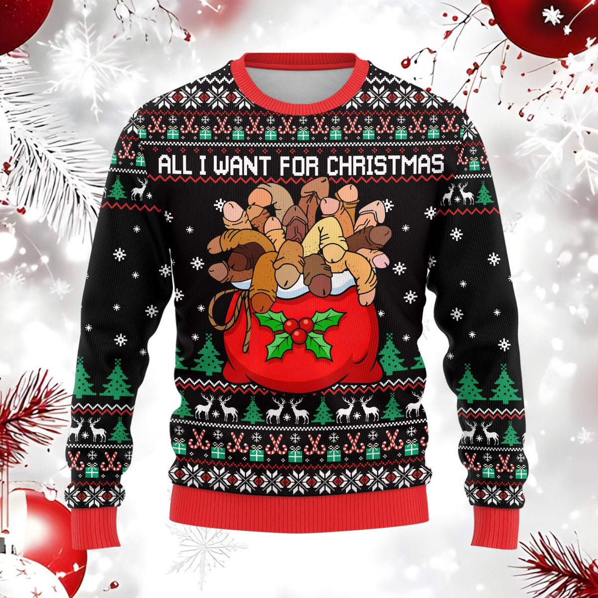 Black funny adult ugly sweater with adult humor holiday design, front view