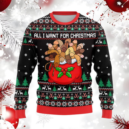 Black funny adult ugly sweater with adult humor holiday design, front view