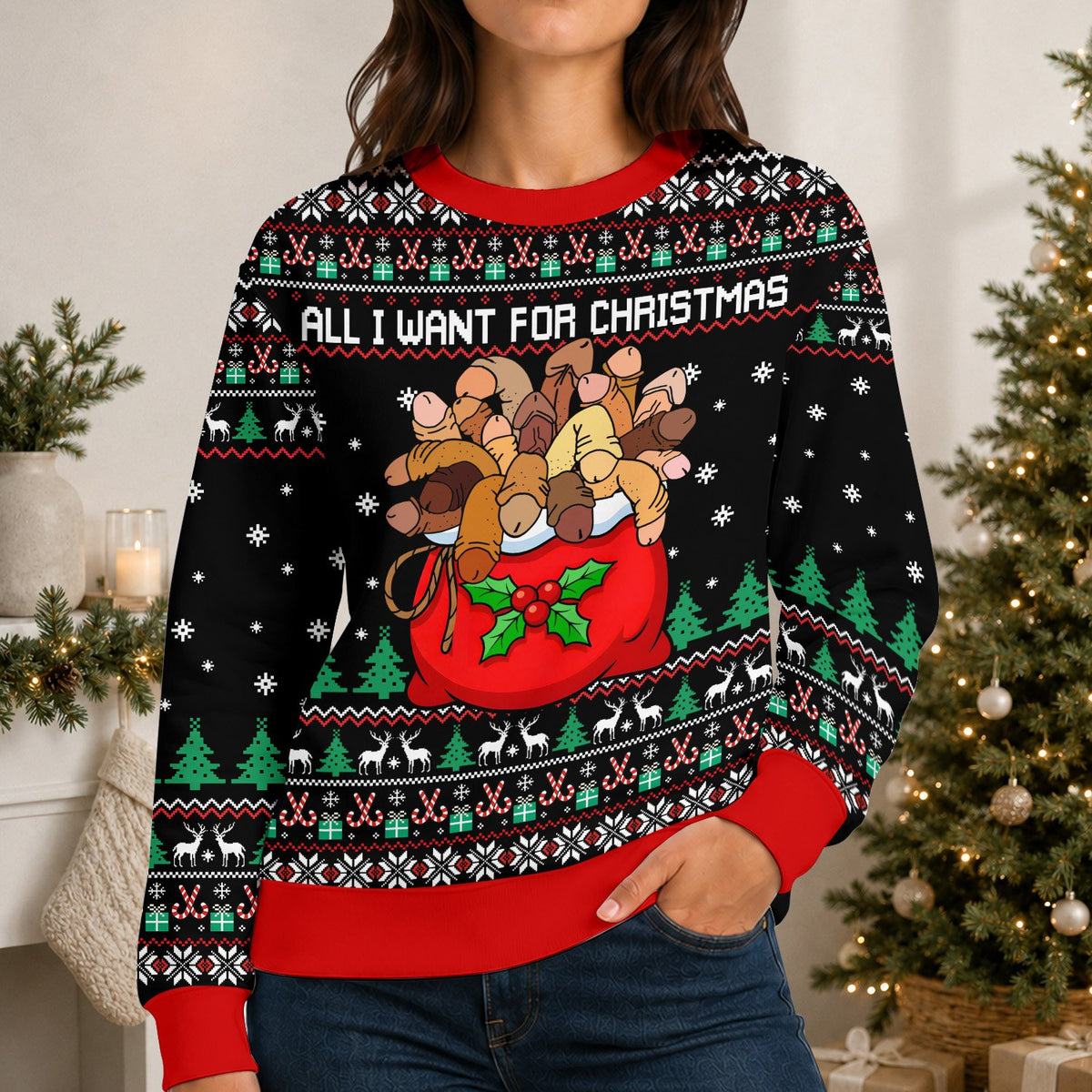 Person modeling the black ugly christmas sweater in a festive indoor setting