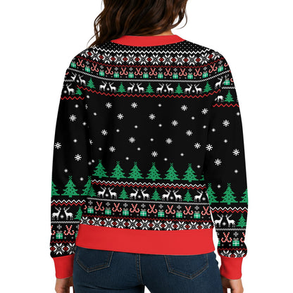 Lifestyle shot showing the fit of the adult humor ugly christmas sweater