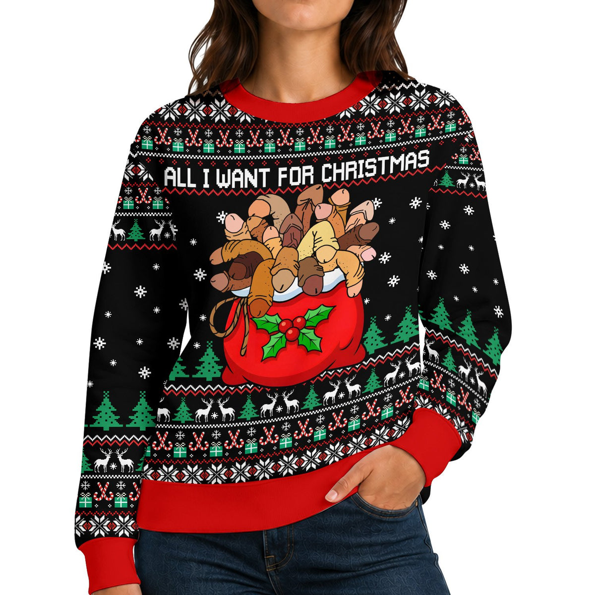 Adult wearing the funny adult ugly sweater at a holiday gathering