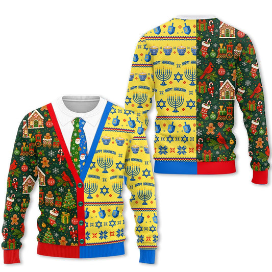 Multicolor split design sweater, a great choice if you wanted to make your own ugly hanukkah sweater, main view