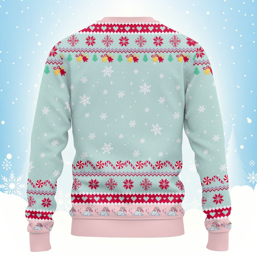 Alternate back view of the mint green and pink ugly christmas sweater