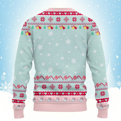 Alternate back view of the mint green and pink ugly christmas sweater