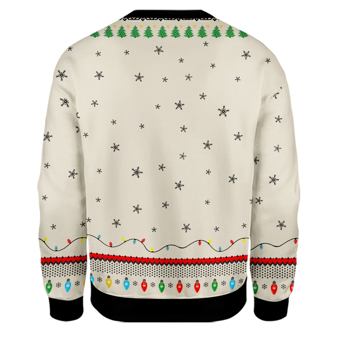 Close-up back view of the fair isle string lights and snowflake pattern on the sweater
