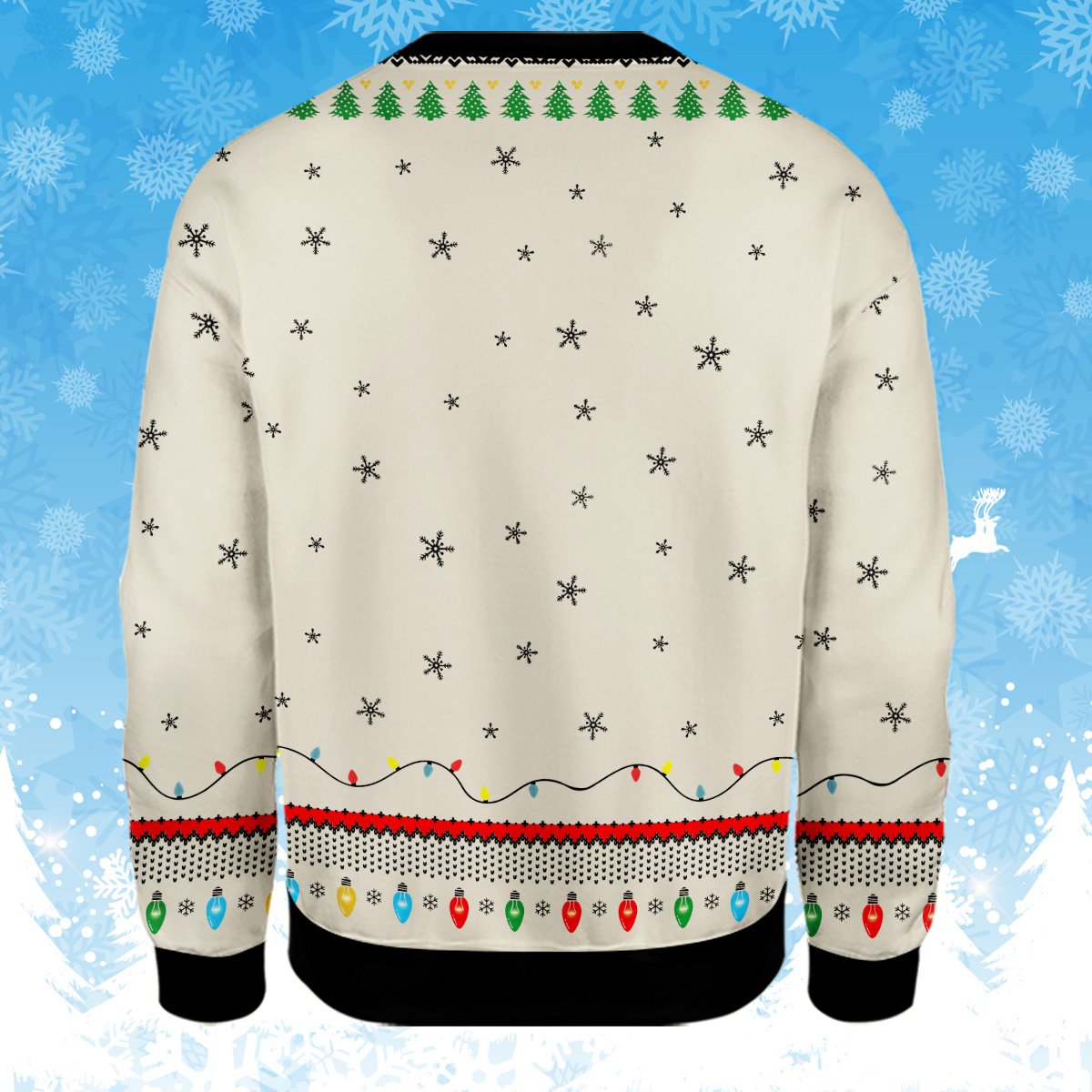 Back view of the beige Christmas ugly sweater with scattered black snowflakes and border details