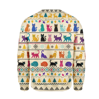 Beige christmas ugly sweater with cat and reindeer pixel art, back view