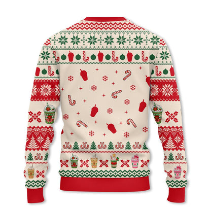 Merry and Caffeinated christmas ugly sweater with fair isle pattern, back view