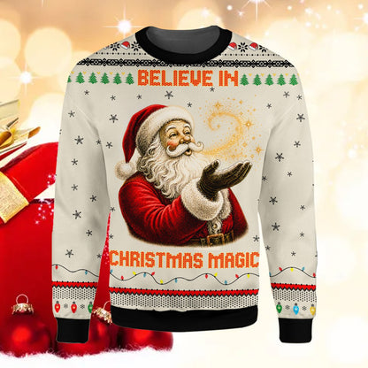Front detail of the Santa Claus design on the beige polyester ugly sweater