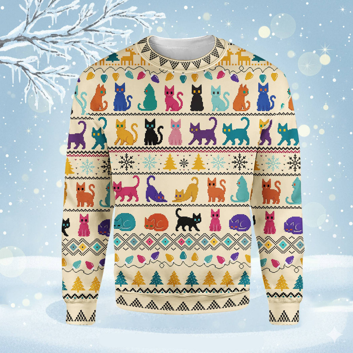 Beige christmas ugly sweater with cat and reindeer pixel art, alternate front view