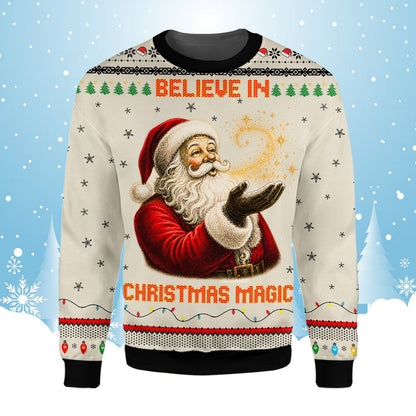 Lower front view showing the colored Christmas lights near the hem of the ugly sweater
