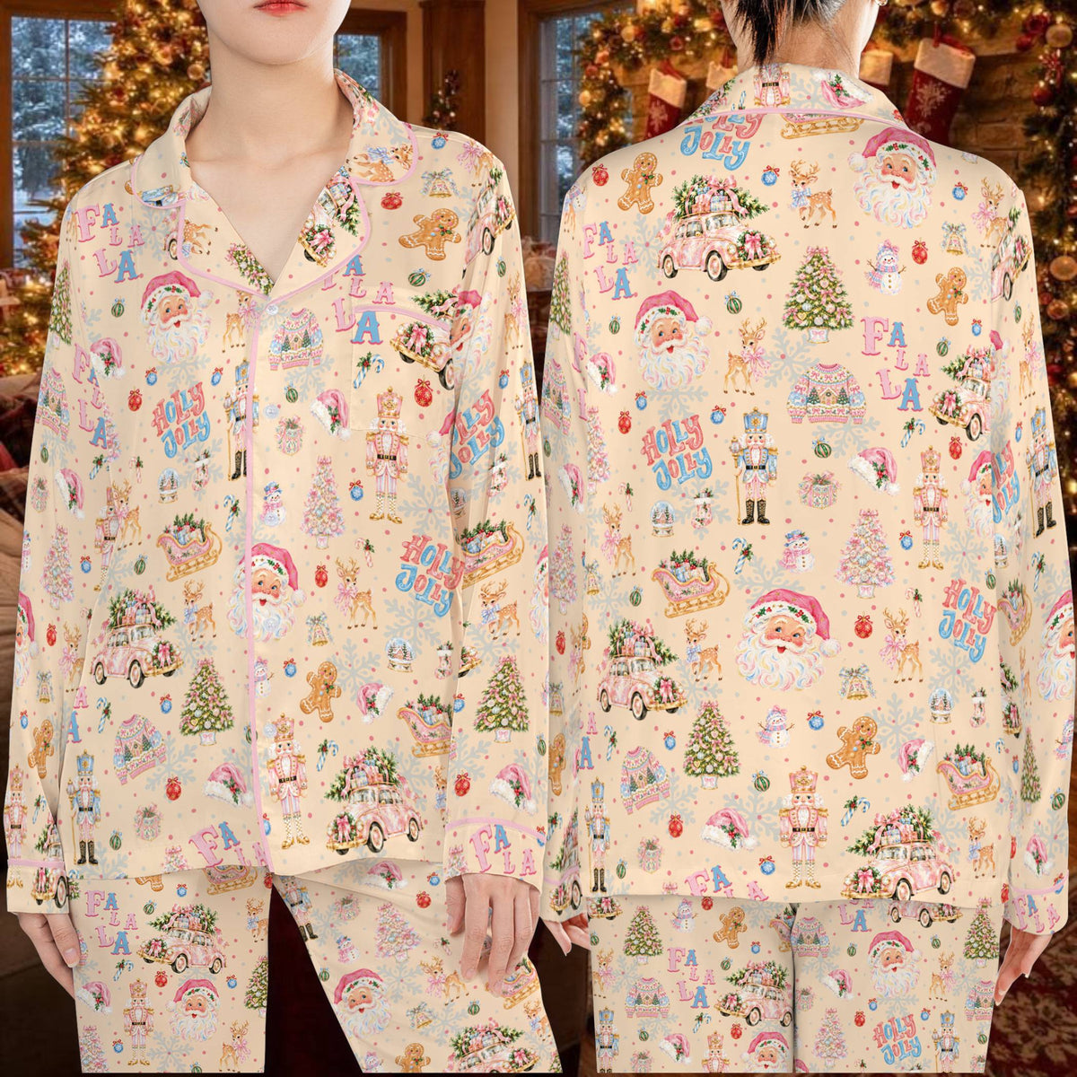 Beige ugly sweater with vintage Christmas trees and reindeer, front view