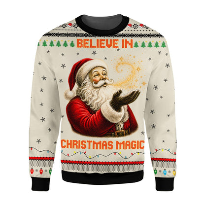 Full front view of the vintage Santa Christmas ugly sweater for adults