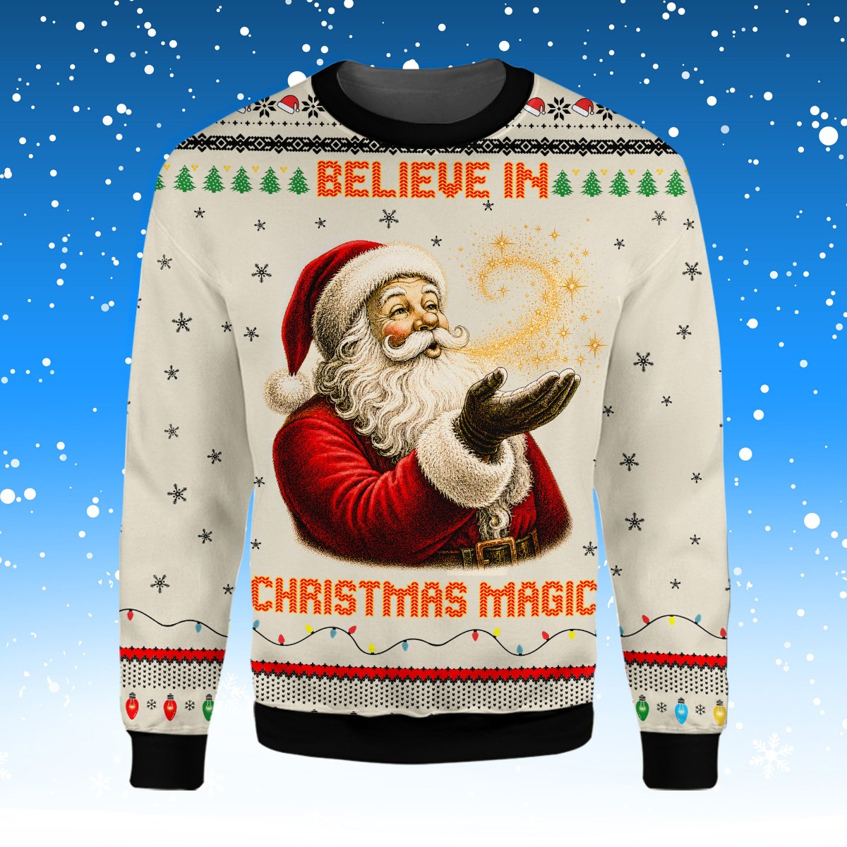 Beige Christmas ugly sweater featuring vintage Santa and Believe in Christmas Magic text, main view