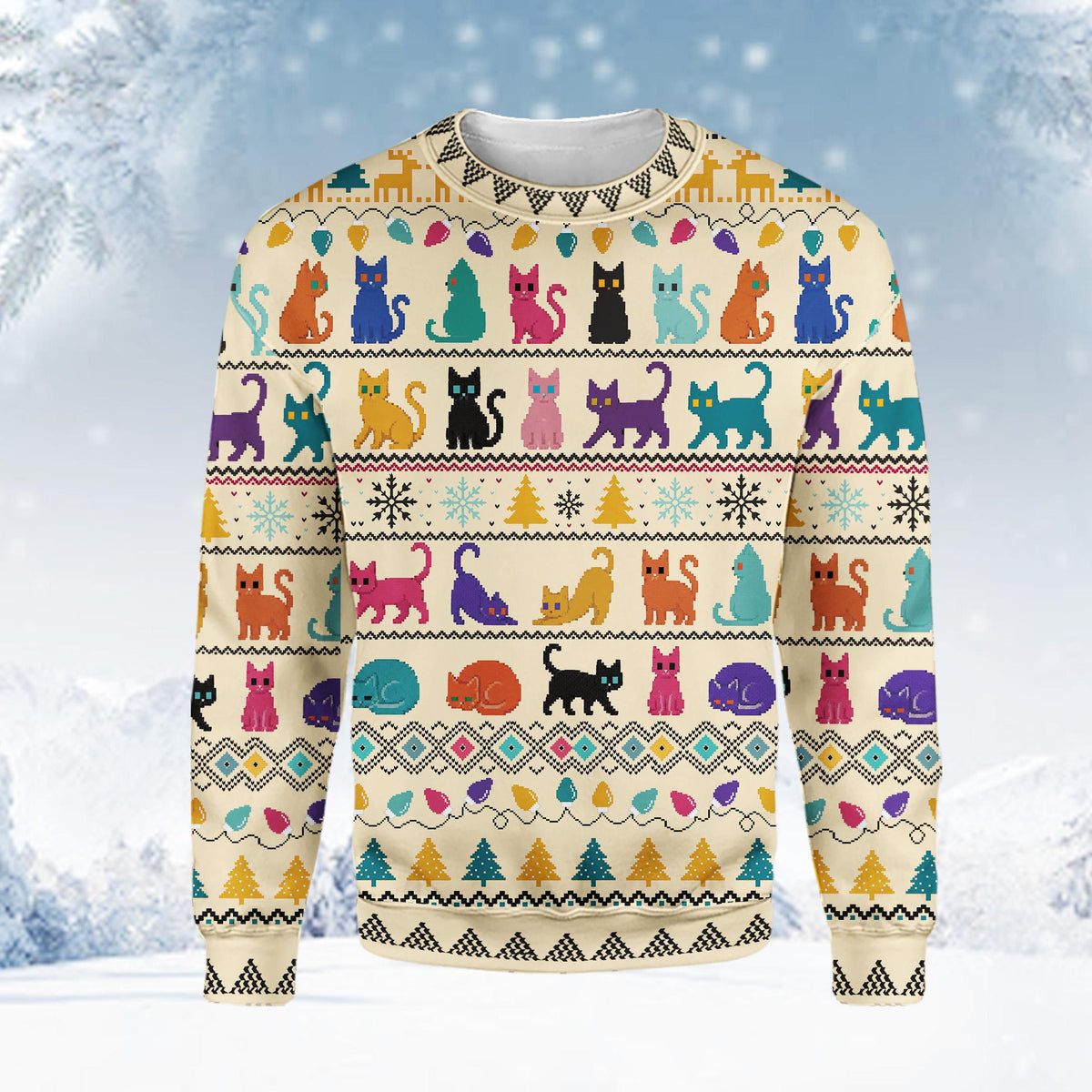 Beige christmas ugly sweater with cat and reindeer pixel art, front view