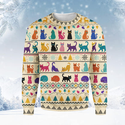 Beige christmas ugly sweater with cat and reindeer pixel art, main view