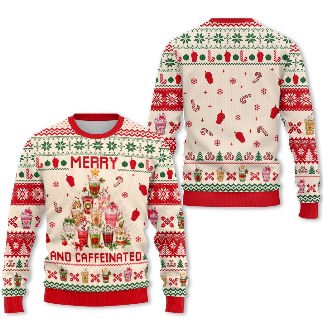 Merry and Caffeinated christmas ugly sweater with coffee cup tree design, front view