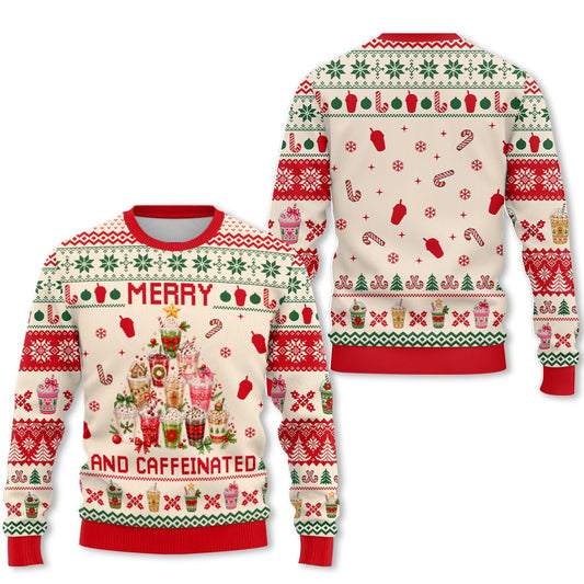 Merry and Caffeinated christmas ugly sweater with coffee cup tree design, front view