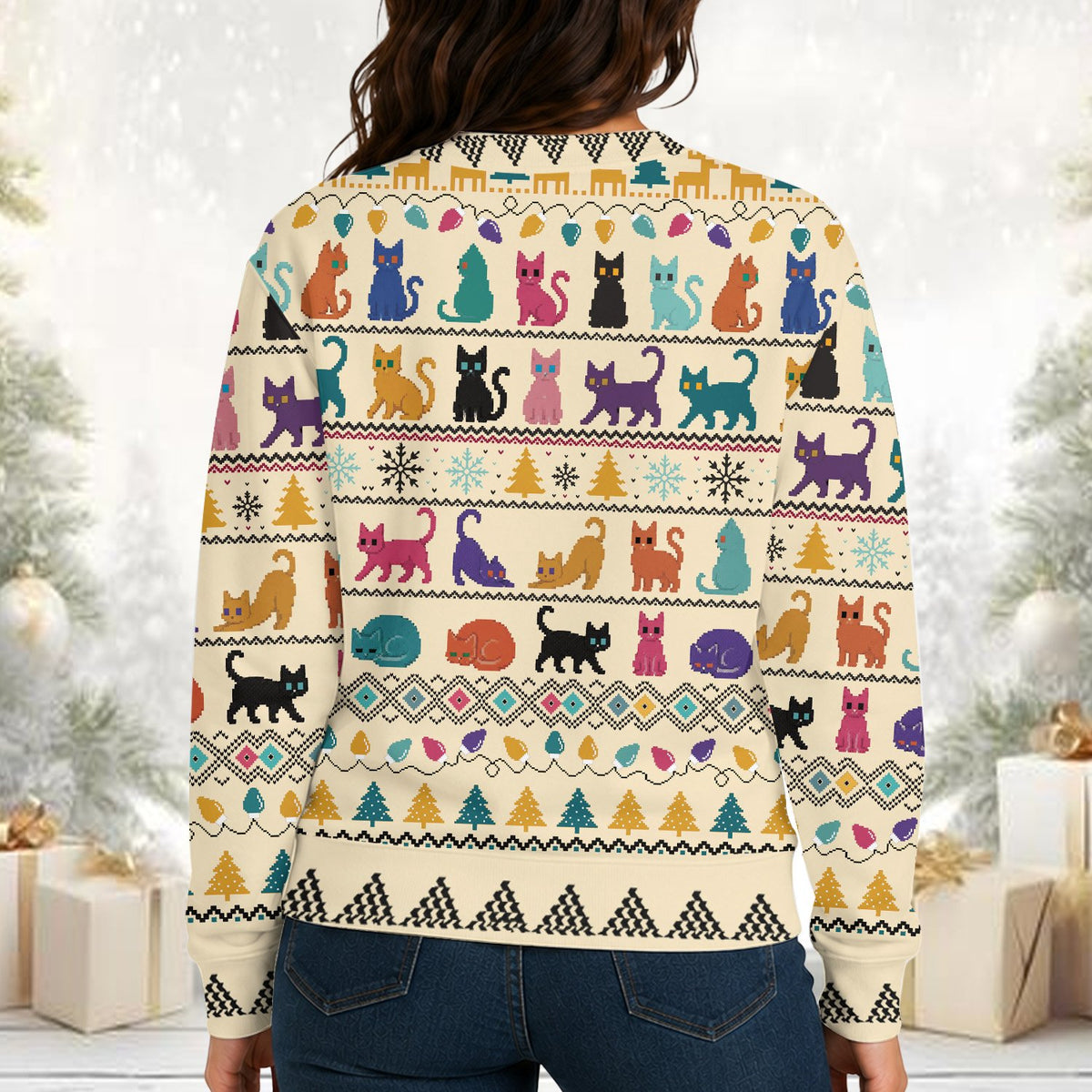 Second lifestyle view of an adult wearing the beige ugly holiday sweater