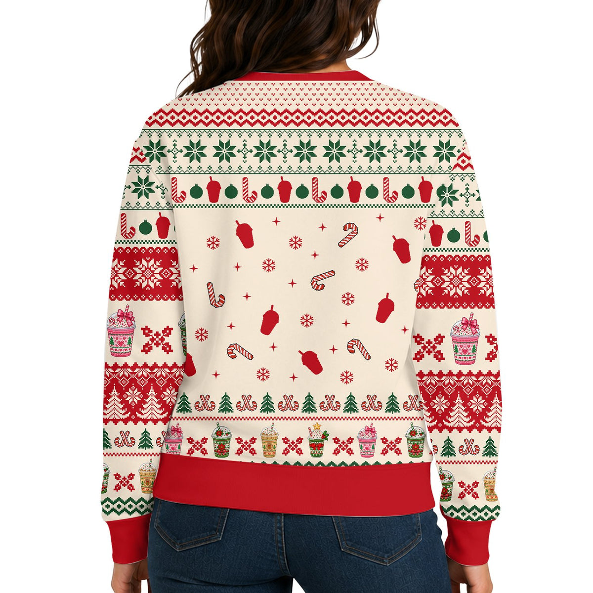 Person enjoying a holiday party in the Merry and Caffeinated ugly sweater, lifestyle view