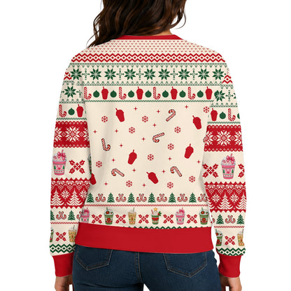 Person enjoying a holiday party in the Merry and Caffeinated ugly sweater, lifestyle view