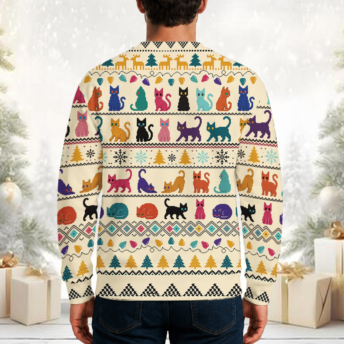 Third lifestyle view of an adult wearing the beige ugly holiday sweater