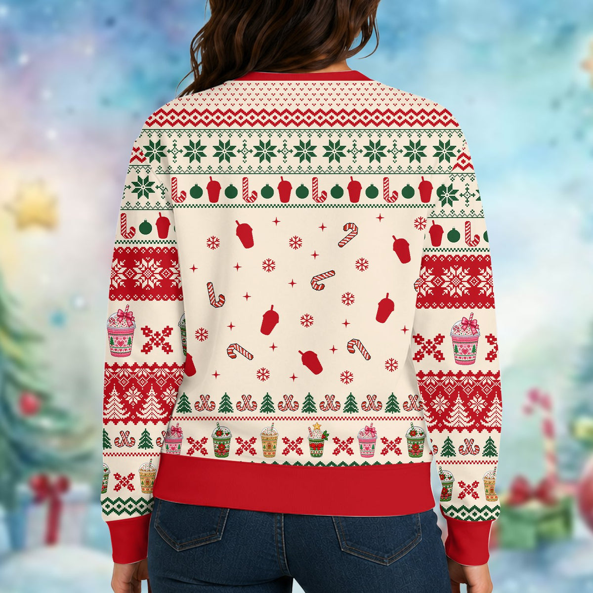 Lifestyle shot of the Merry and Caffeinated beige holiday ugly sweater