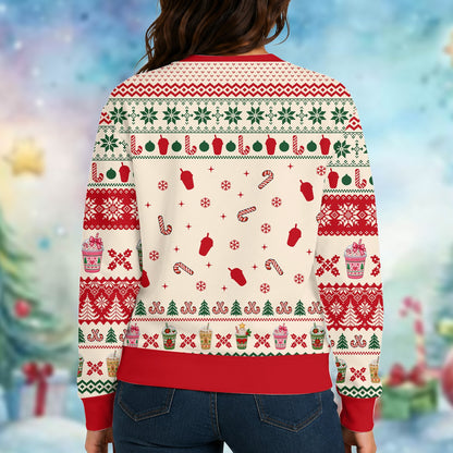 Lifestyle shot of the Merry and Caffeinated beige holiday ugly sweater