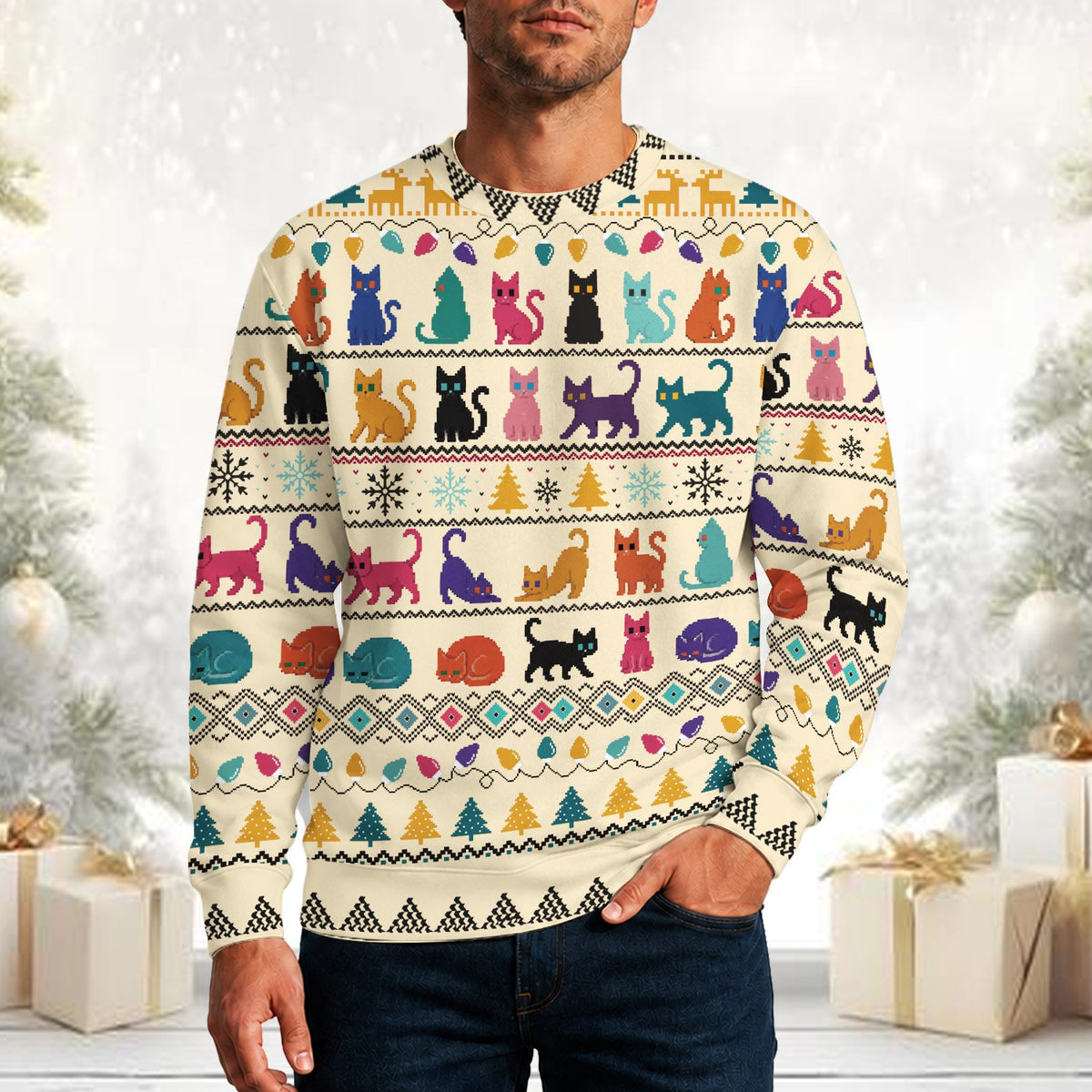 Fourth lifestyle view of an adult wearing the beige ugly holiday sweater