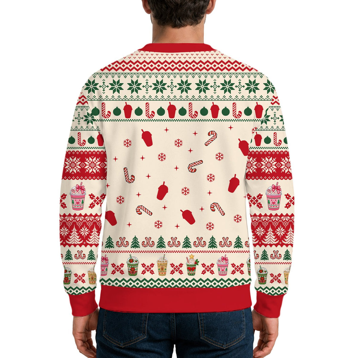 Adult modeling the Merry and Caffeinated ugly holiday sweater outdoors